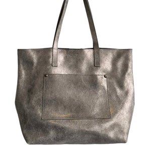 Garnet Hill Leather Tote Functional Pockets Suede Interior Shimmering Gray W L